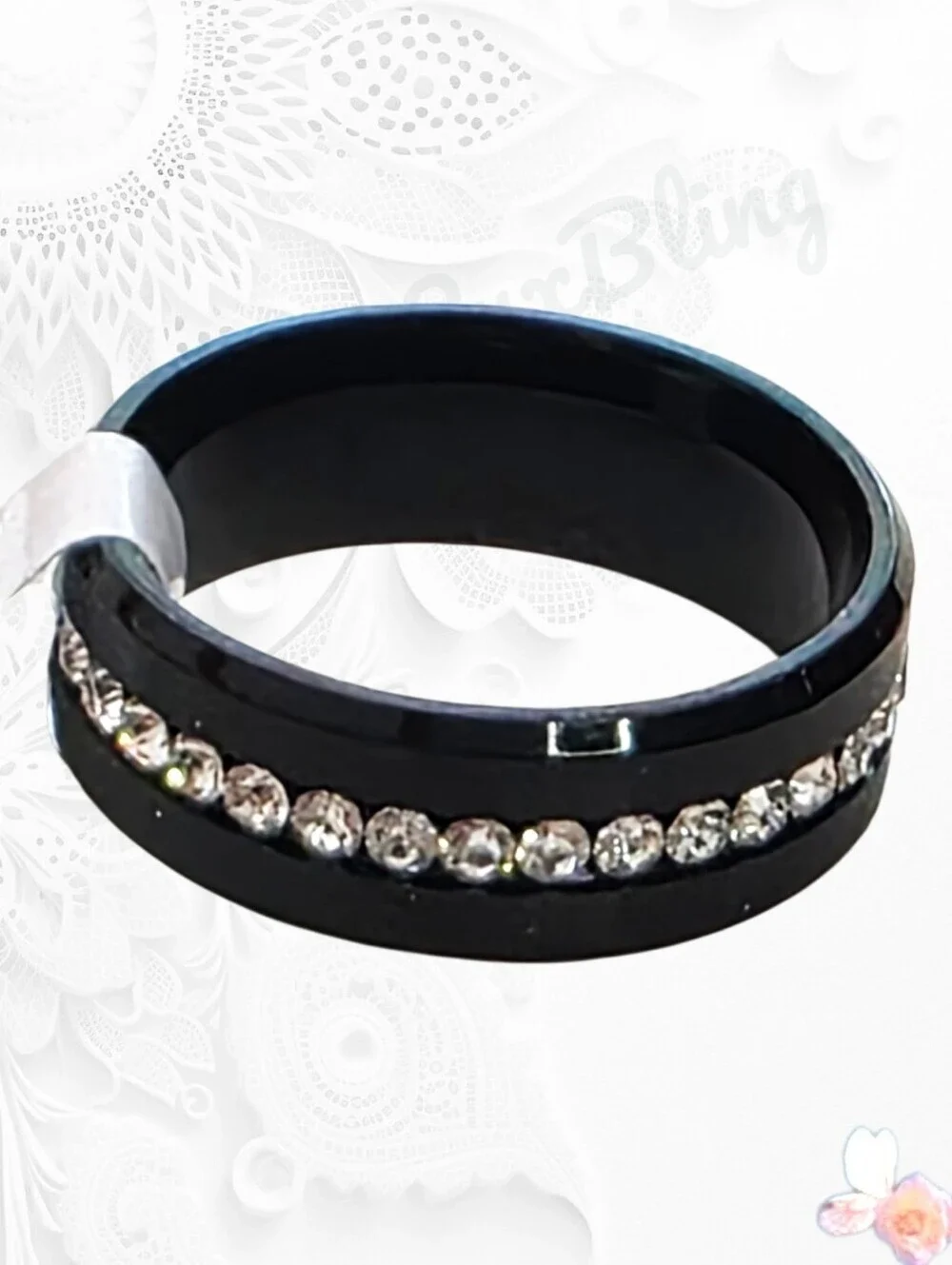 Crystal Accent Band Ring Modern Unisex Statement Black Size 10.5
